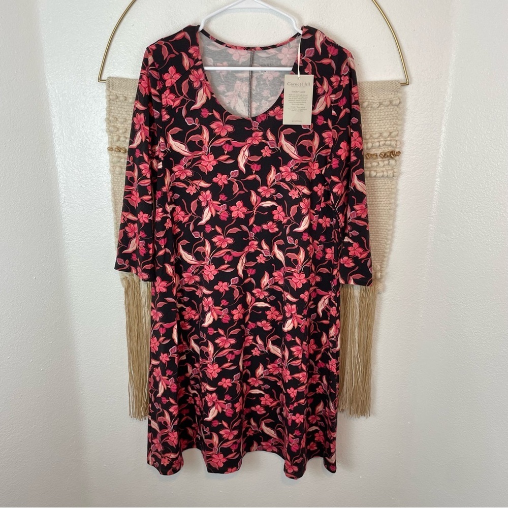 NWT Garnet Hill Red Pink Floral Seamed Knit Trapeze Dress M